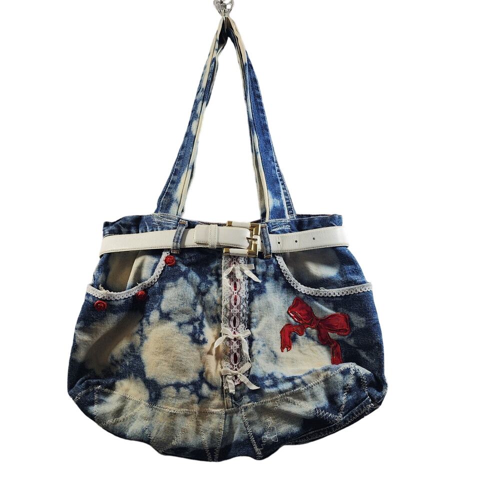 Handmade Crafted Basic Editions Blue Jean Purse Bag With White S-M Belt Vintage